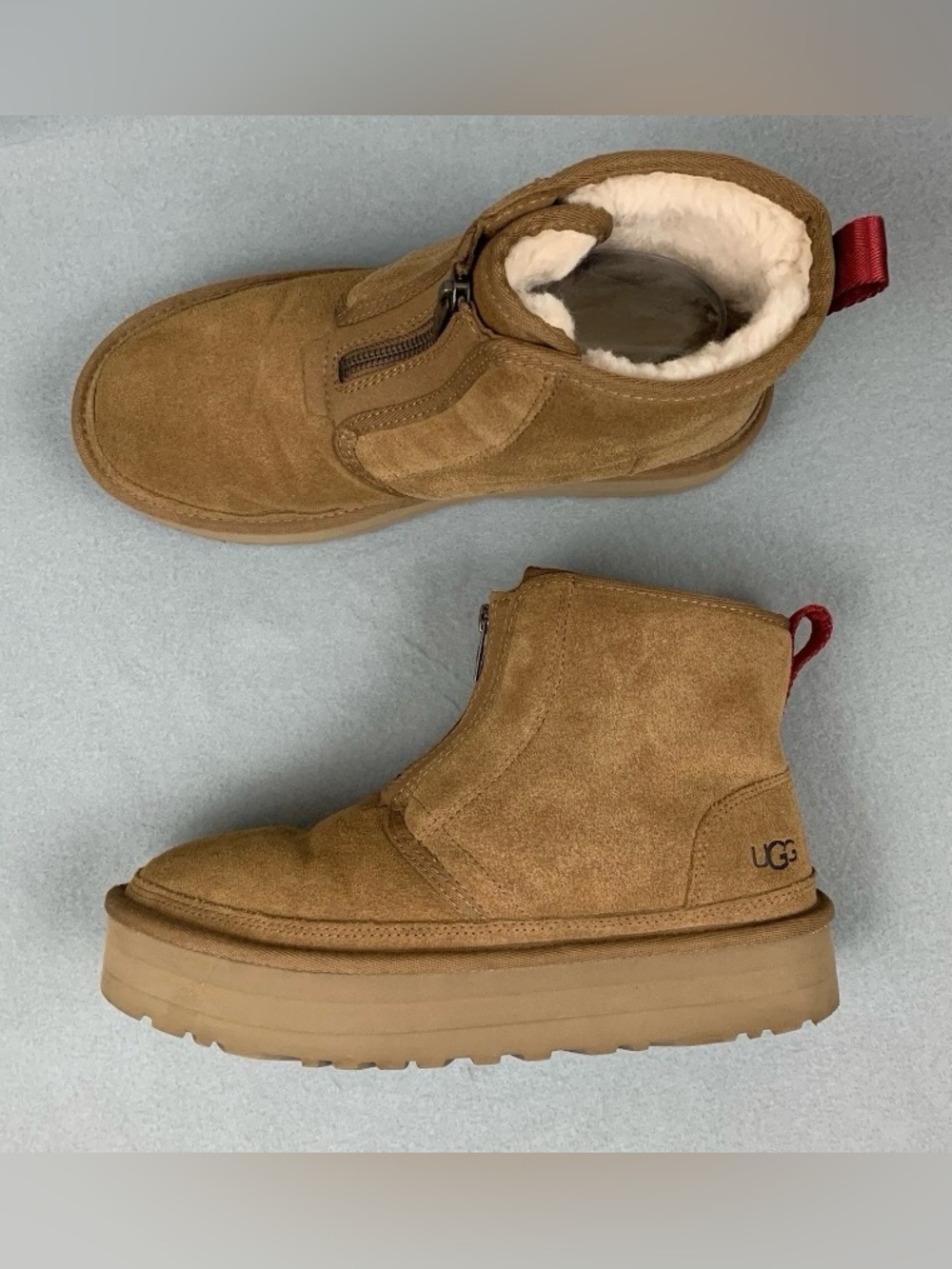 UGG Neumel Boots Womens 10 Chestnut Brown Suede Platform Zip Ankle Lined Booties